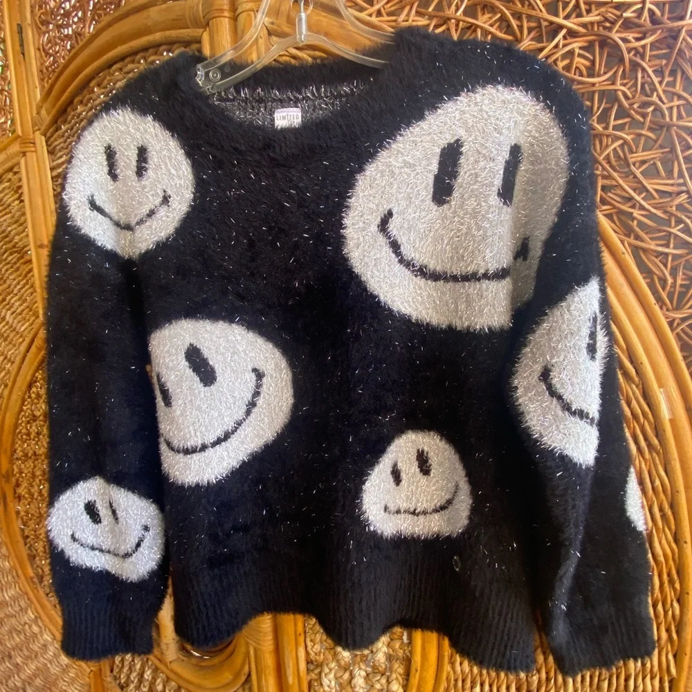 Limited Too Girls Black and White Smiley Face Sweater with Silver Threads